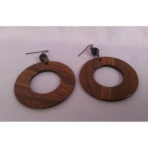 Vintage Wooden Round Hoop Earrings With Bead Accents